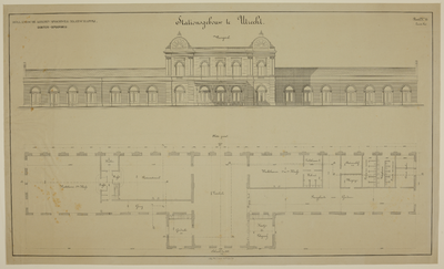 217590 Opstand van de voorgevel en plattegrond van de begane grond van het stationsgebouw van de H.IJ.S.M. te Utrecht ...